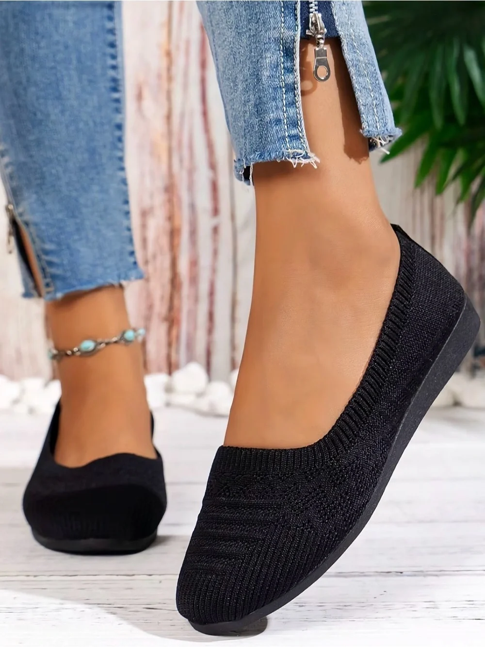 Brand new round toe black knit shoes, PU leather sole, size 8